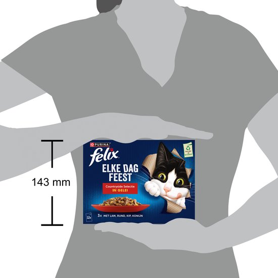 Afmeting van de Felix Elfe Dag Feest kattenvoer verpakking, 143 mm hoog, met katten afbeelding.