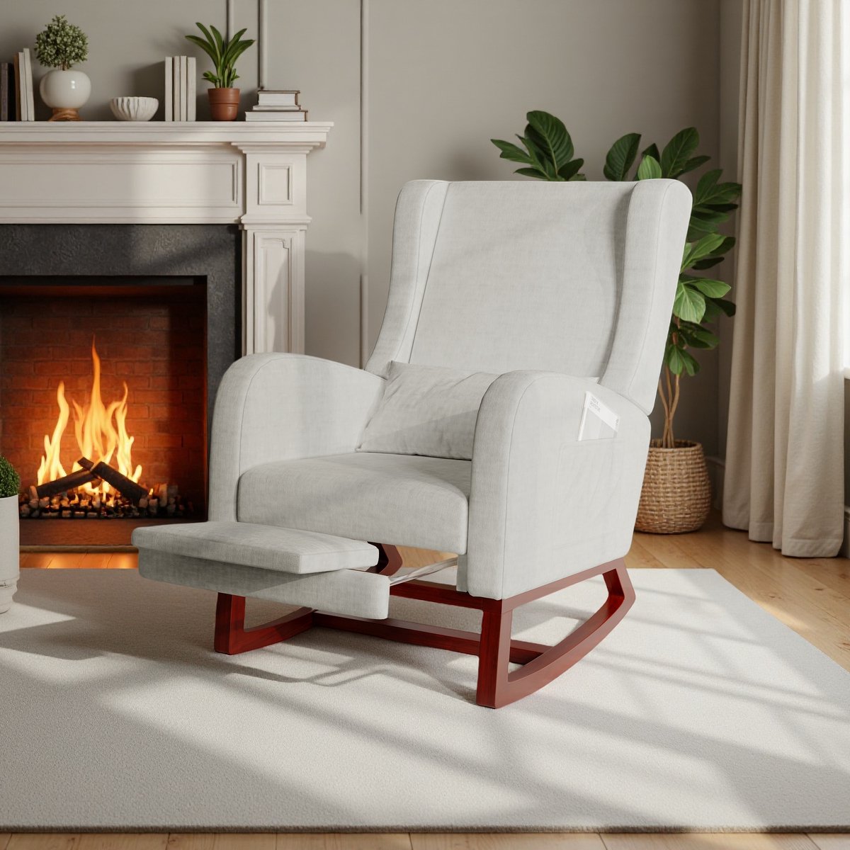 Schommelstoel met voetensteun, Rocking Chair Relax met schommelkussen, lendenkussen, schommelstoel, met zijvak en armleuningen (, grijs)