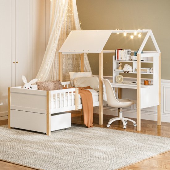 Lit pour enfant 90 x 200 cm avec protection antichute et sommier à lattes, bureau en L et étagère, tiroirs à roulettes, lit cabane multifonctionnel en bois massif, blanc
