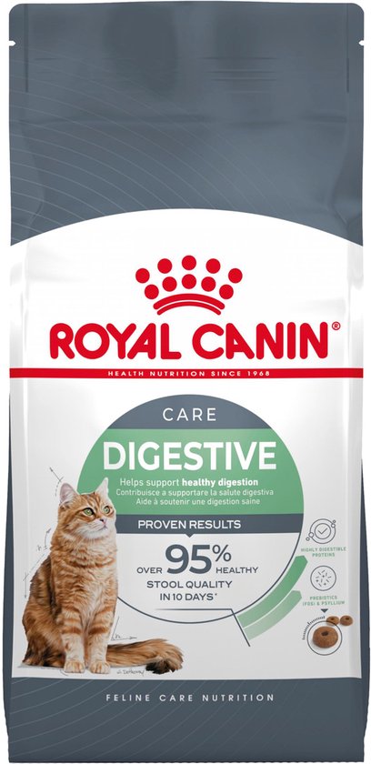 Een zak Royal Canin Digestive Care kattenvoer met op de voorkant een cyperse kat en tekst over bewezen resultaten.