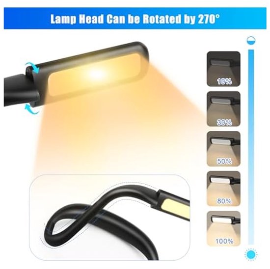 Leeslamp, oplaadbare leeslamp, oogbescherming en traploze dimfunctie, leeslamp, flexibele hals, voor lezen, breien, kamperen van Merkloos — afbeelding 3