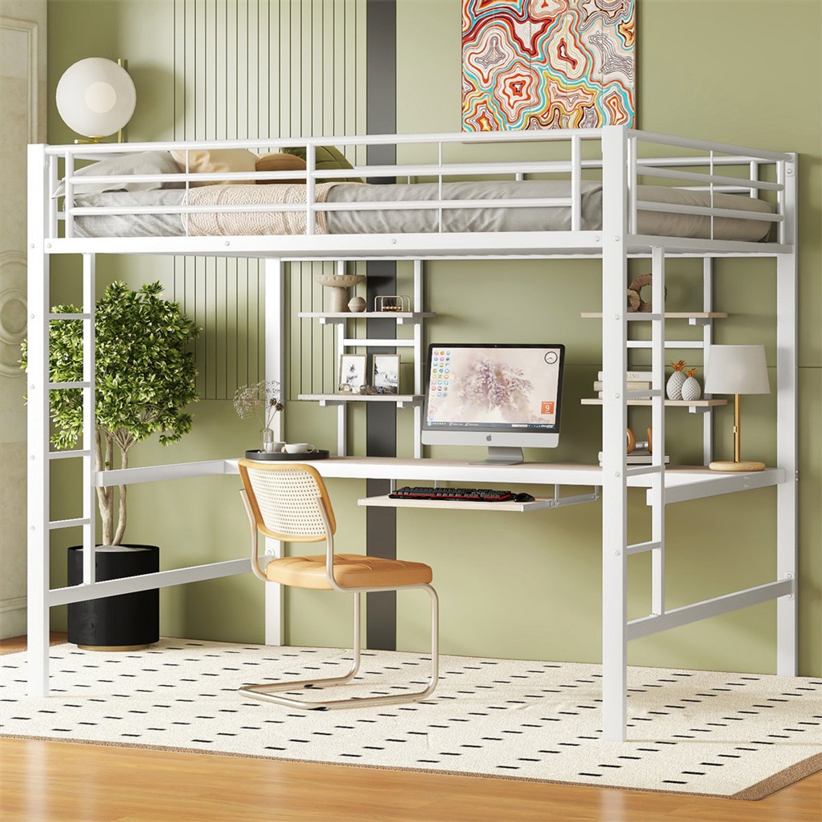 YEHTOKHOME Hoogslaper 140x200 cm met bureau en twee boekenplanken, ijzeren frame, ladder, toetsenbordplank, kinderbed, zonder matras, wit
