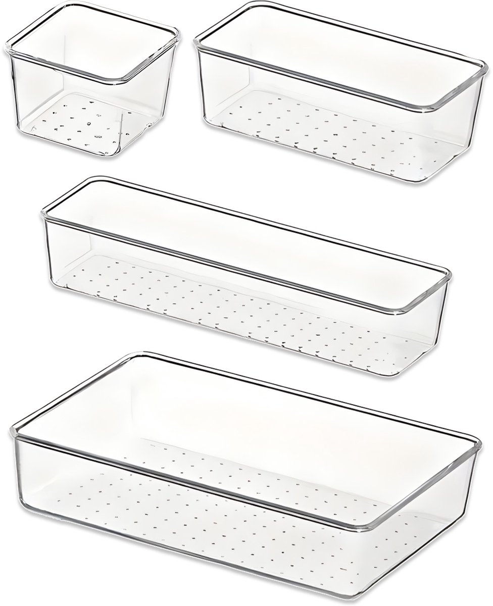 Organizer Set – 4 Transparante Opbergdozen in Verschillende Maten – Stapelbare Kunststof Ladeverdeler voor Make-up, Kantoor, Keuken en Badkamer
