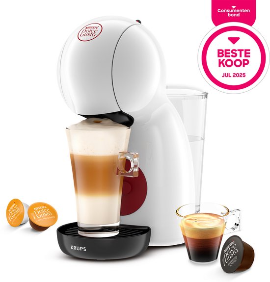 Witte Dolce Gusto Piccolo XS koffiezetapparaat maakt een gelaagde latte macchiato, met cupjes voor latte macchiato en espresso.