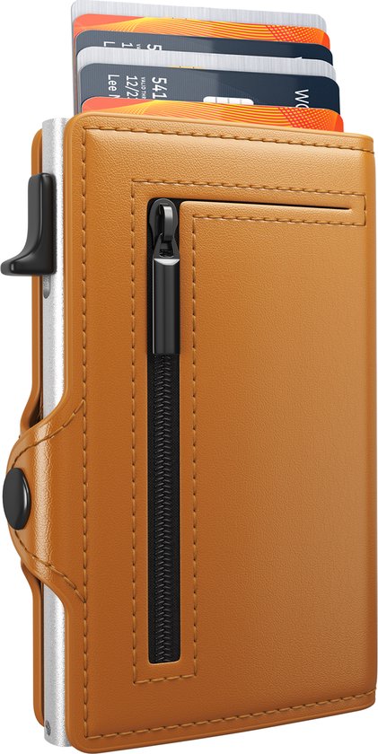 Hëndig Pasjeshouder Mannen - Bruin met rits - 11 pasjes + Brief- & Muntgeld RFID Creditcardhouder - Pasjeshouder Vrouwen - Pasjeshouder Uitschuifbaar - Inc. Luxe Cadeauverpakking