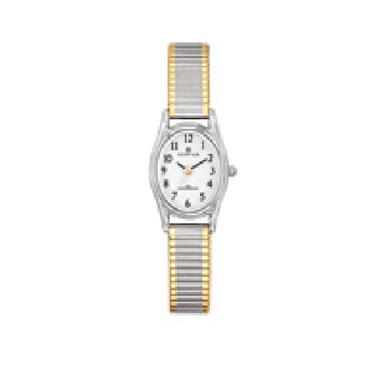 Certus-Dameshorloge-model 642369-rekbare band-ovaal-zilver met goudkleurige rand in uurwerk-5 atm waterdicht -duidelijke wijzerplaat-made in France