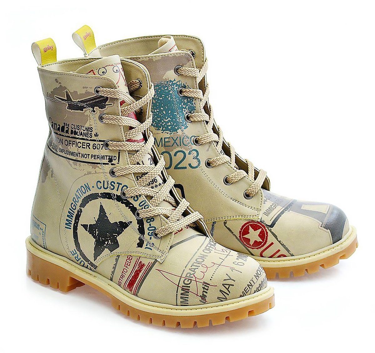 GOBY Dames Veterboots Wanderlust Passport Handgemaakt Vegan Leer