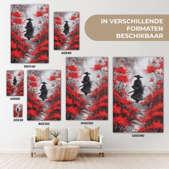 Een samoerai met een hoed en zwaard loopt door rode bloemen. Verkrijgbaar in verschillende formaten.