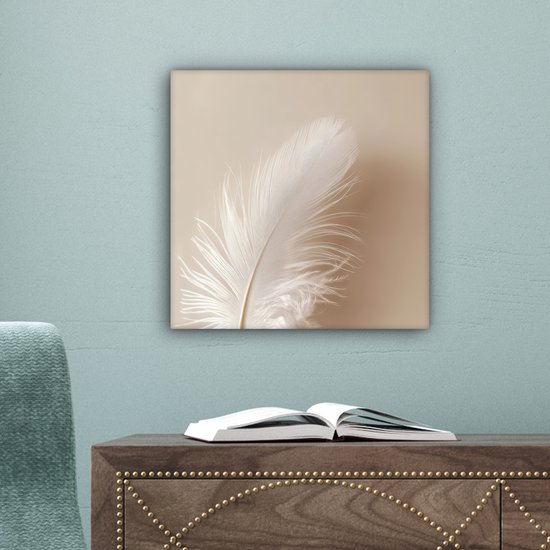 Canvas schilderij 20x20 cm - Wanddecoratie Veer - Minimalistisch - Roze - Muurdecoratie woonkamer - Slaapkamer decoratie - Kamer accessoires - Schilderijen op canvas