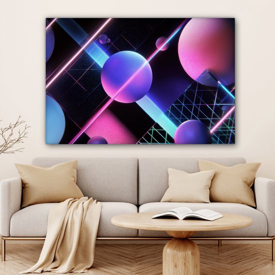 Canvas schilderij 120x80 cm - Wanddecoratie Bollen - Neon - Lijnen - Roze - Muurdecoratie woonkamer - Slaapkamer decoratie - Kamer accessoires - Schilderijen op canvas