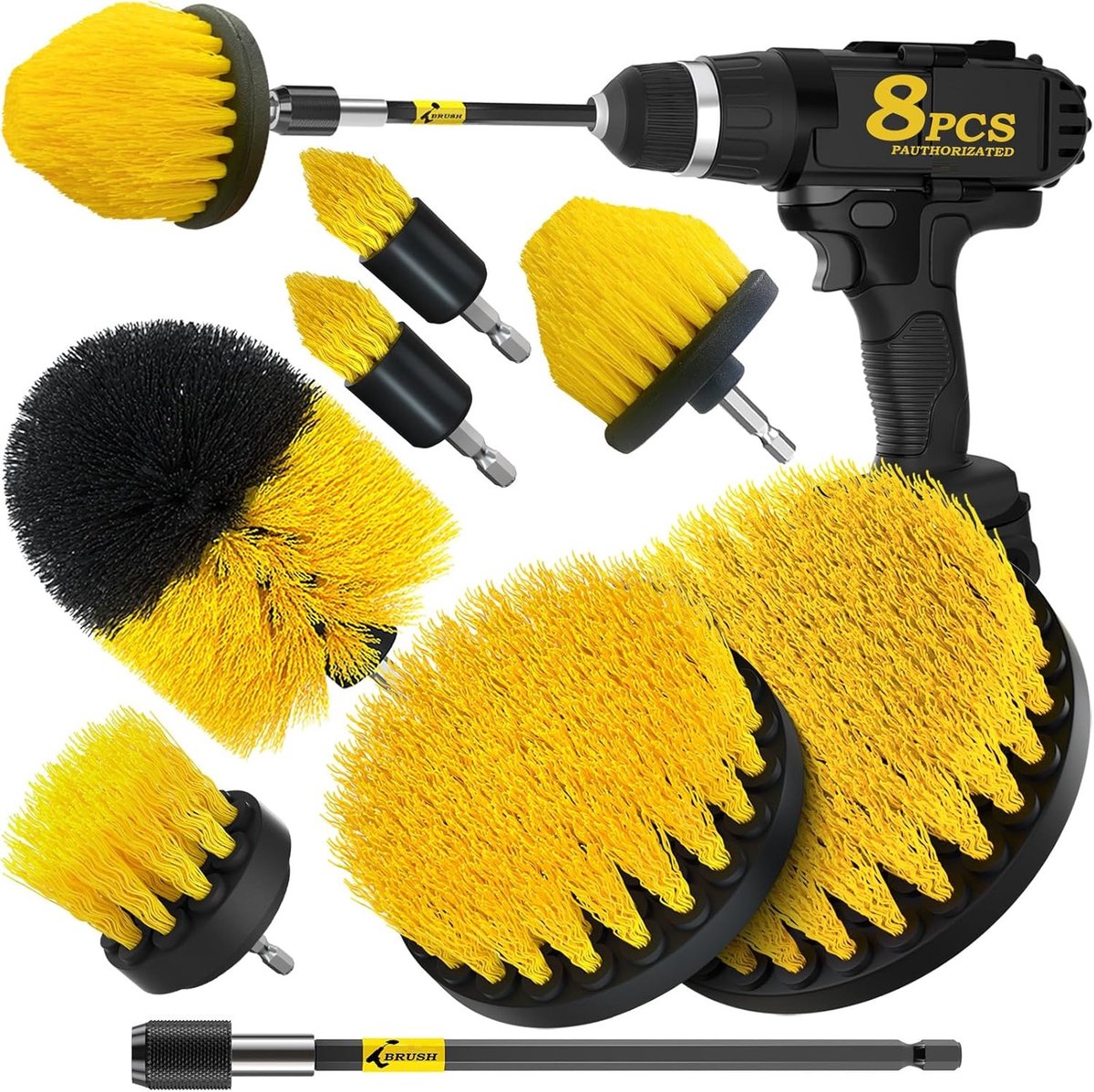 BOTC Boorborstel Set 8 Stuks - Schoonmaakborstels voor Boormachine met Verlengstuk - Tegelborstel, Voegborstel, Badkamer-, Douche-, Badkuip- en Vloerreiniging - Geel