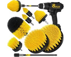 BOTC Boorborstel Set 8 Stuks - Schoonmaakborstels voor Boormachine met Verlengstuk - Tegelborstel, Voegborstel, Badkamer-, Douche-, Badkuip- en Vloerreiniging - Geel