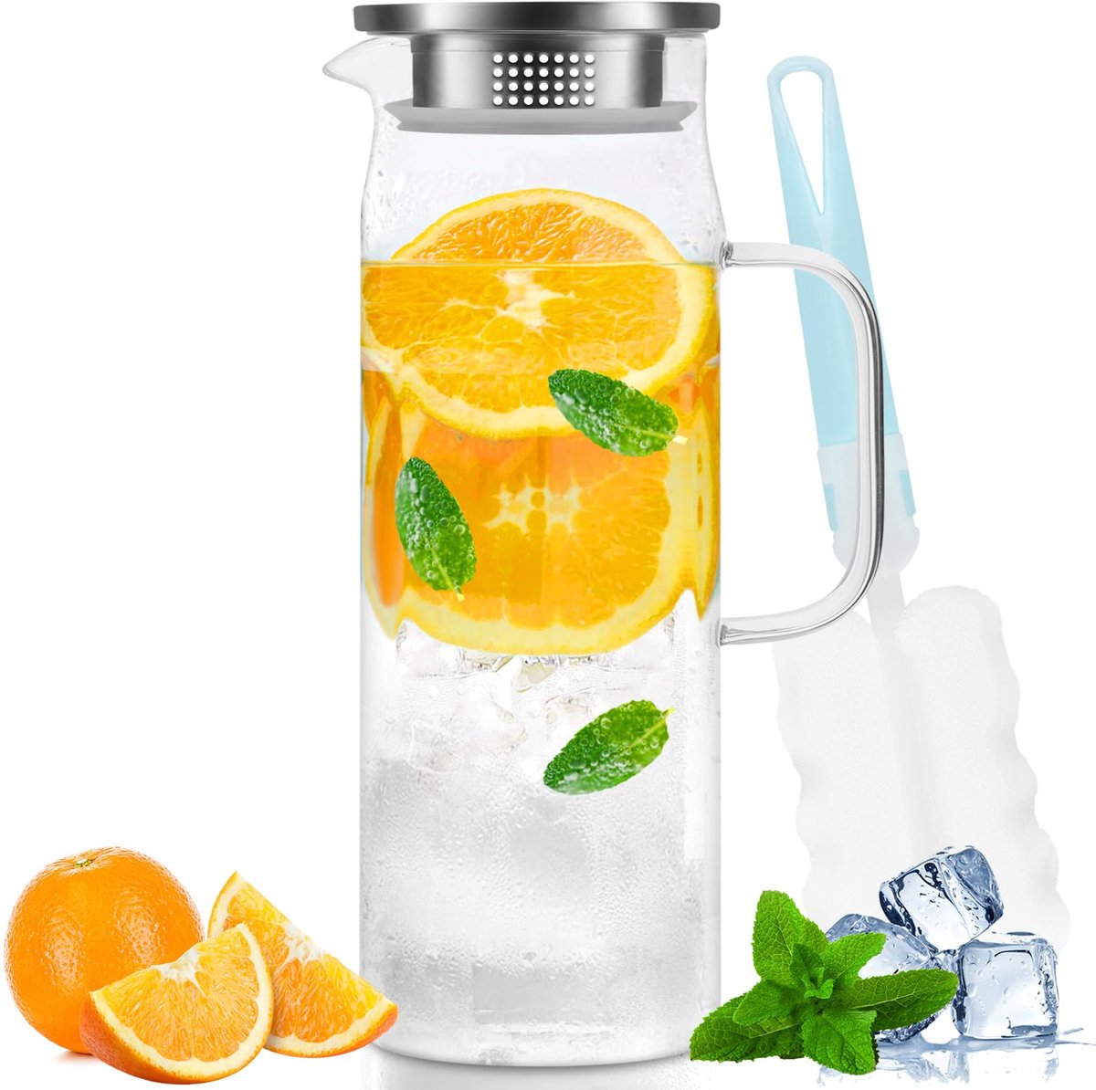 JeiibrZui 1 Glazen Karaf 1 Liter, Waterkan met V-vormige Schenktuit en Deksel voor Thee en Sap