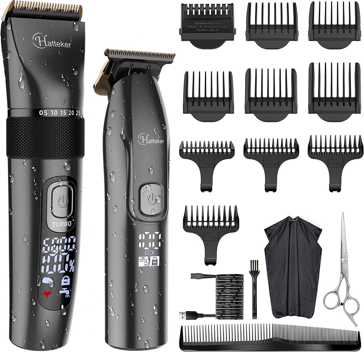 Hatteker Professionele Tondeuse Set – Haartrimmer & Baardtrimmer voor Heren – T-Blade Precisietrimmer – IPX7 Waterdicht – Inclusief Schaar en Knipcape – Zwart