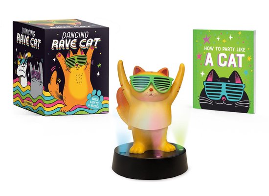 Dansende rave kat met groene, lamellenvormige zonnebril, met lichtjes en muziek.