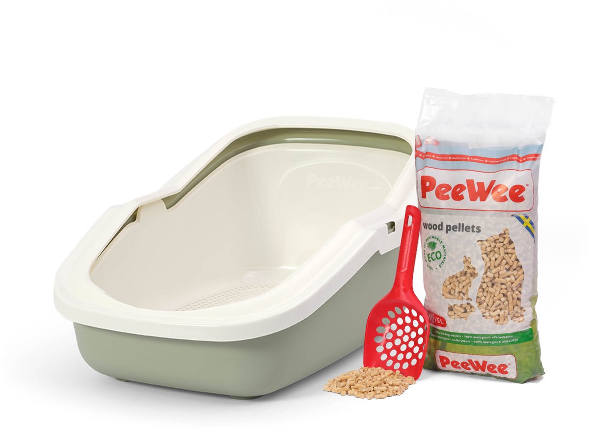 kattenbak systeem Ecominor startpakket - in een nieuwe trendy pastelkleur / crème - incl. Peewee korrels + schepje - 56 x 39 x 27,5 cm