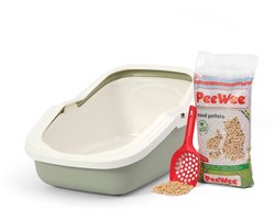 Peewee kattenbak systeem Ecominor startpakket - in een nieuwe trendy pastelkleur salie groen / crème - incl. Peewee korrels + schepje - 56 x 39 x 27,5 cm