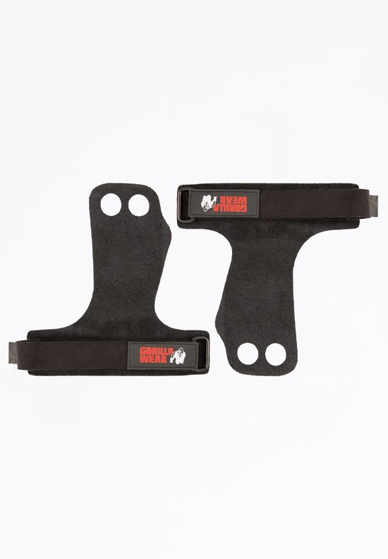 Zwarte Gorilla Wear 2-gat leren grips met verstelbare banden.