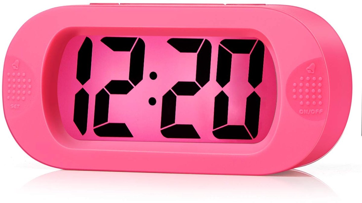 longziming -Digitale Kinderwekker met Snooze en Nachtlicht – Groot LCD-Scherm- Schokbestendige Siliconen Hoes- Compact en Lichtgewicht- Kleur Roze