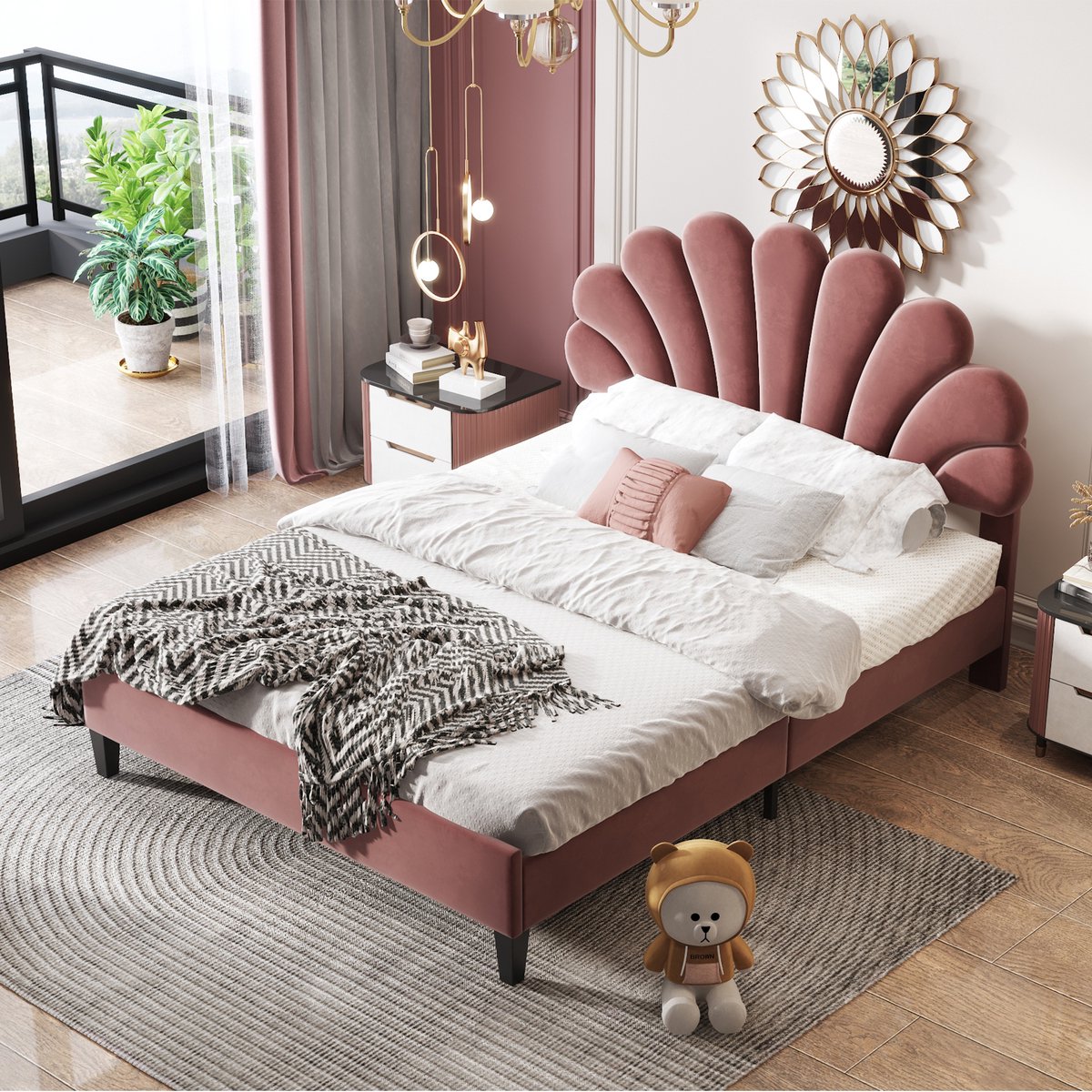 HAUSS SPOLE Gestoffeerd Bed 140x200 - Kinderbed Met Lattenbodem En Opbergruimte - Fluweel - Rood Oudroze