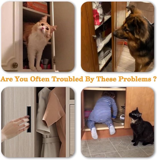 Een collage van vier afbeeldingen: een kat in een kast, een hond kijkt in een kast, een hand trekt een kastdeur open, een baby kruipt een kast in terwijl een zwarte kat kijkt.