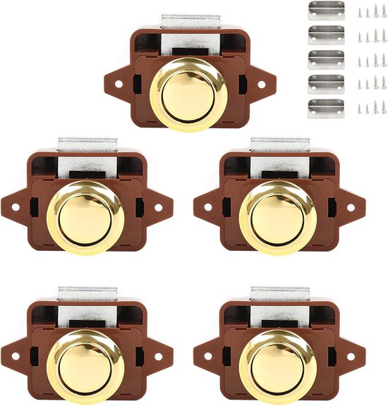 Loquet à bouton Push - Serrure de porte sans clé pour armoire, Camper et caravane (marron) avec 5 pièces de sécurité