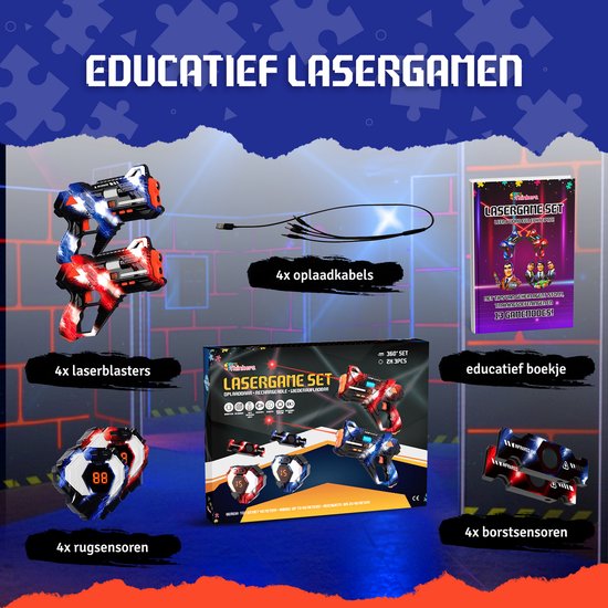 Educatief lasergamen: 4 oplaadkabels, 4 laserblasters, 4 borstsensoren, 4 rugsensoren en een educatief boekje.