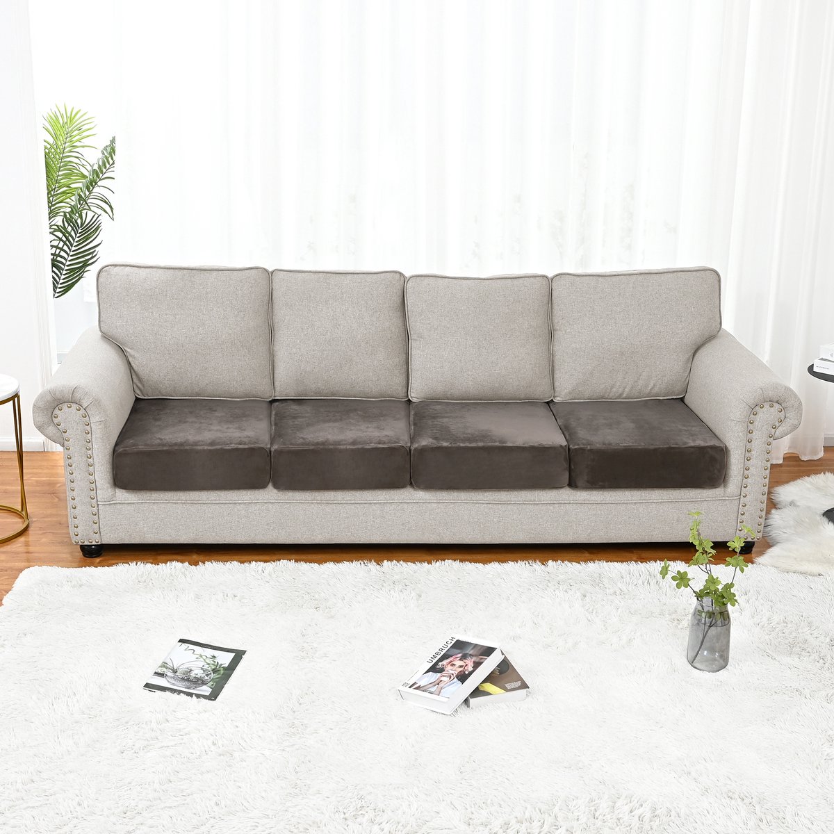 Qelus Khaki Fluweelen Zitkussenhoes Stretch 210-224x60-90cm voor 4 zitsbank - Rekbare Bankbeschermer tegen Vlekken & Mijt - Snel om te leggen
