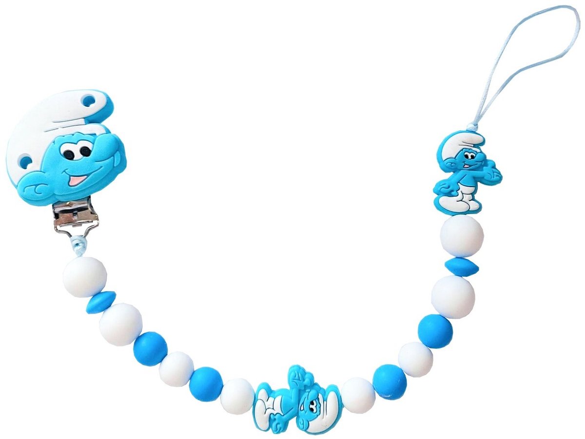 Speenkoord met Smurfen – Handgemaakt siliconen speenkoord met dubbele draad – Veilig babyaccessoire in blauw-wit