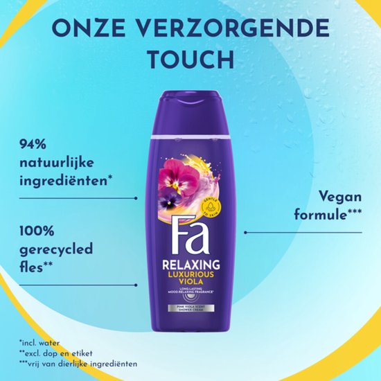 Fa douchecrème met tekst over 94% natuurlijke ingrediënten en vegan formule.