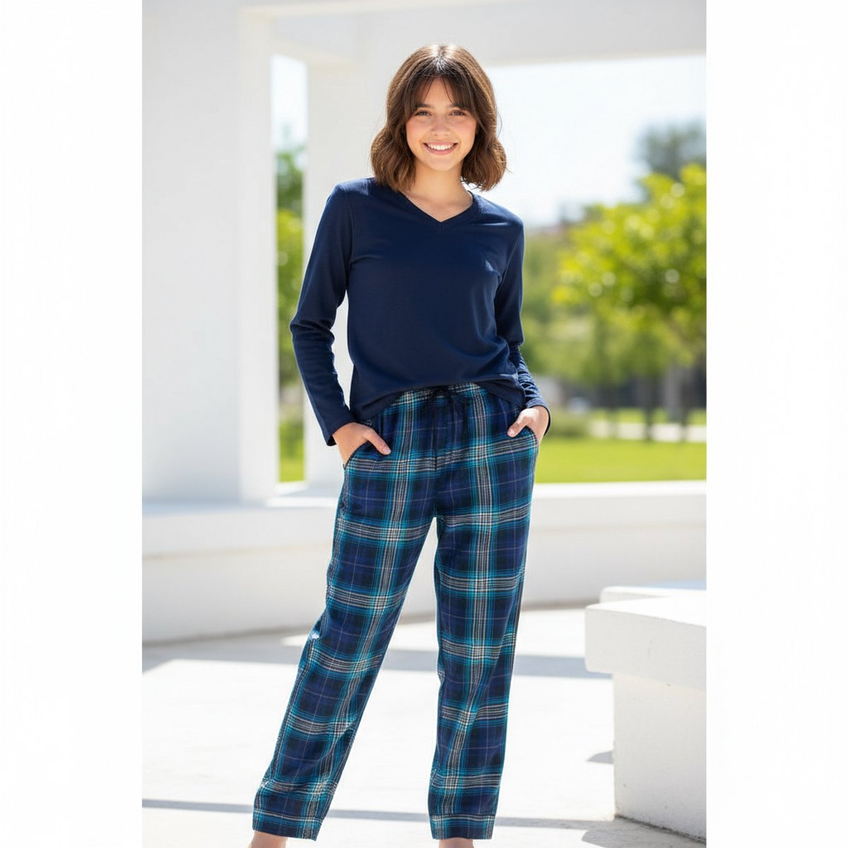 La V La-V pyjamasets voor dames met geruite flanel broek Donkerblauw Xl