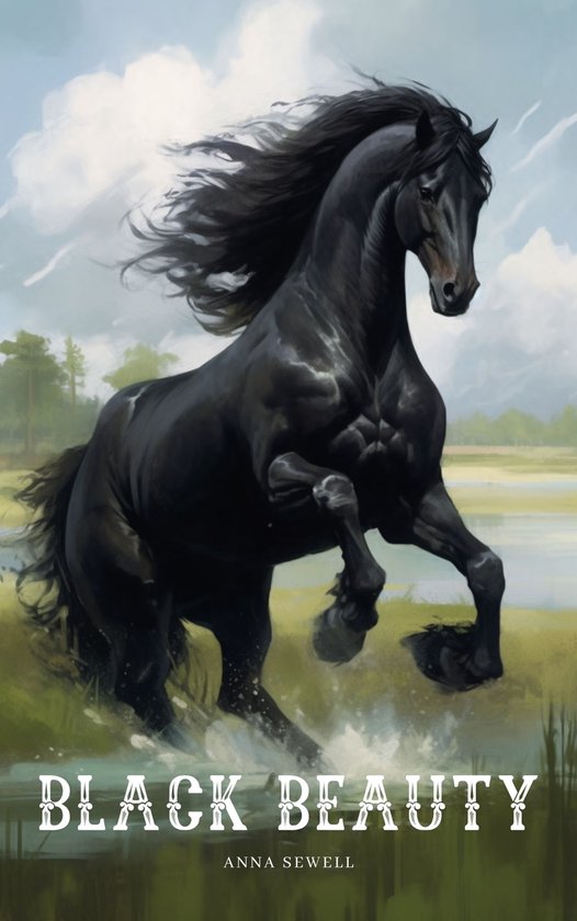 Zwart paard met wapperende manen, rennend door water. Tekst: BLACK BEAUTY ANNA SEWELL.