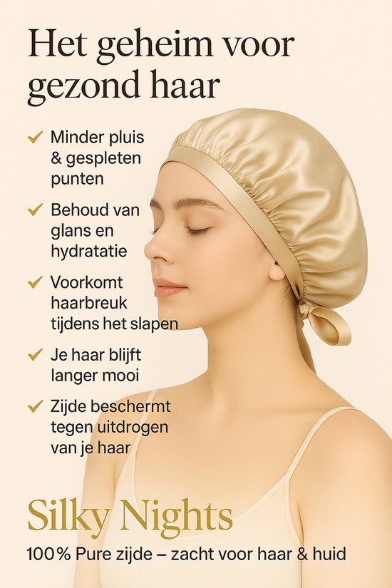 Silky Nights® Zijden Slaapmuts – 100% Moerbei Zijde Bonnet – Maat S/M - 19 Momme – Verstelbare Silk Bonnet – Zachte & Stralende Haarverzorging – Haarnetjes - Champagne Kleur – Unisex