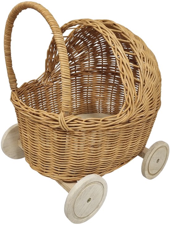 Ancien Landau De Poupée En Osier – Roulettes En Bois – Jouet Vintage
