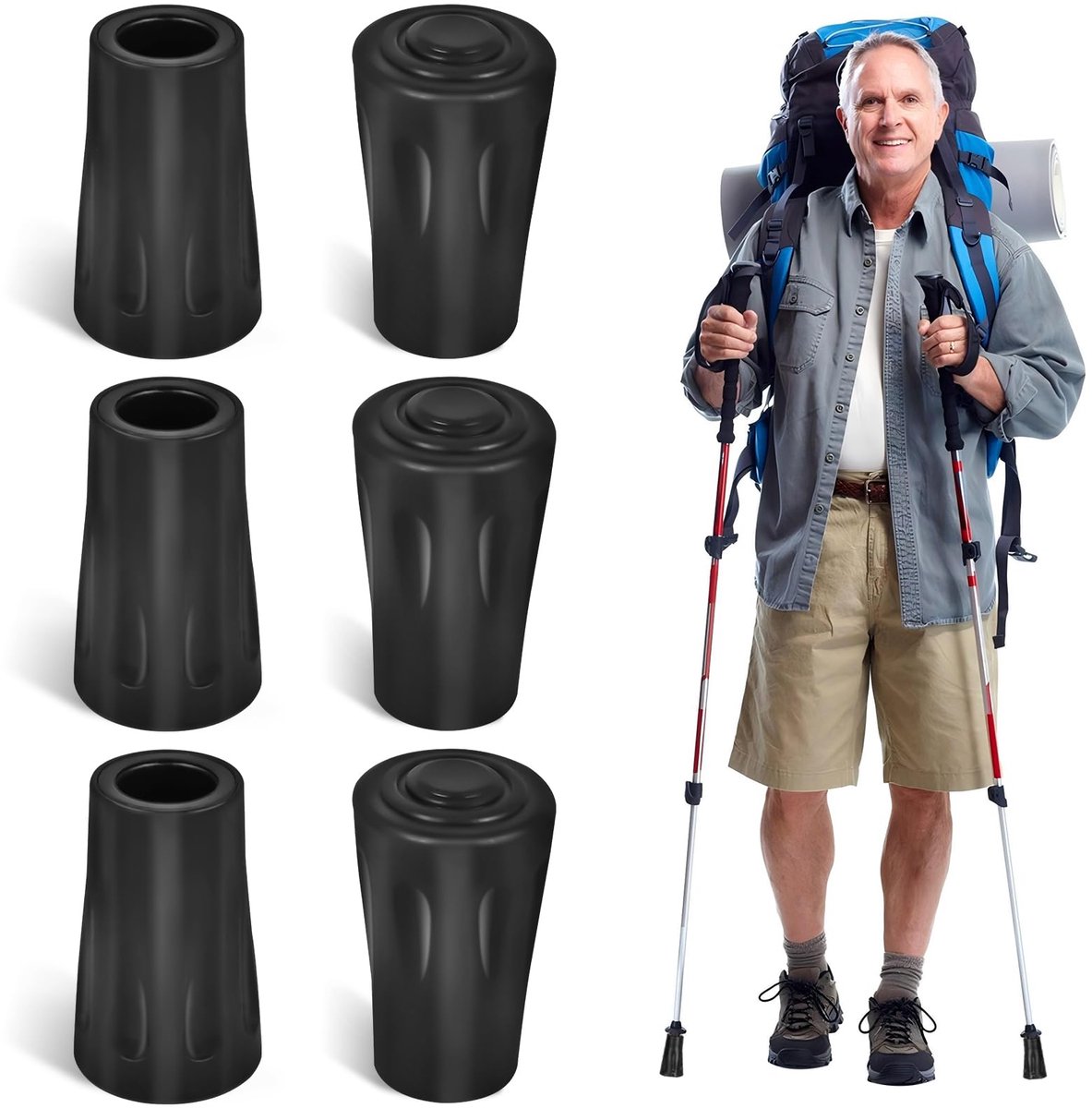 Rubberen buffers voor wandelstokken [6 stuks], professionele bevestigingsset voor wandelstokken voor Nordic Walking stokken, zwart 11 mm voor Leki rubberen buffers, vervangende rubberen buffers voor trekking/stedelijk wandelen