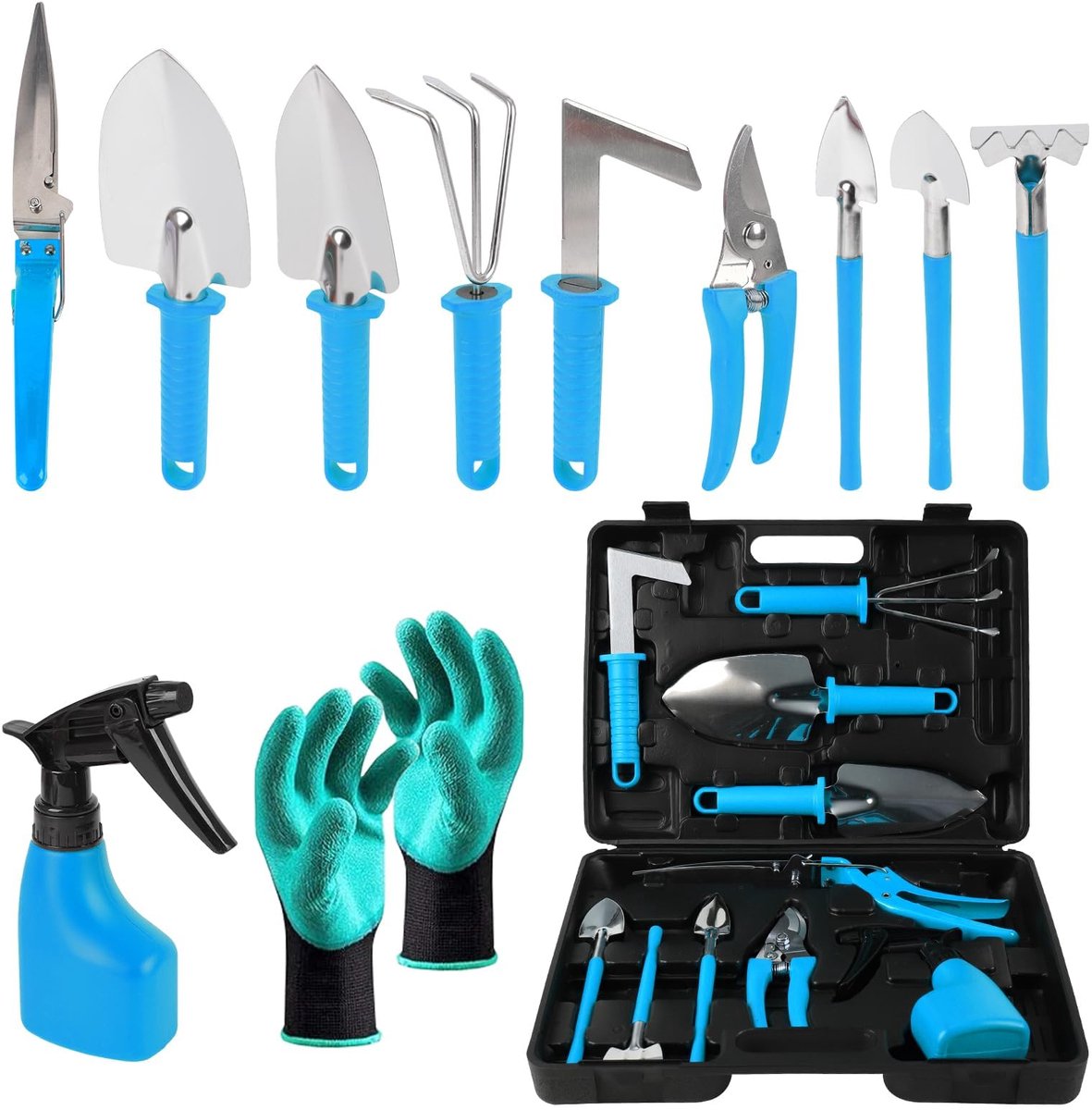 11-delige Tuin gereedschap set - Met draagtas en handschoenen - Voor graven, planten en snoeien - Blauw