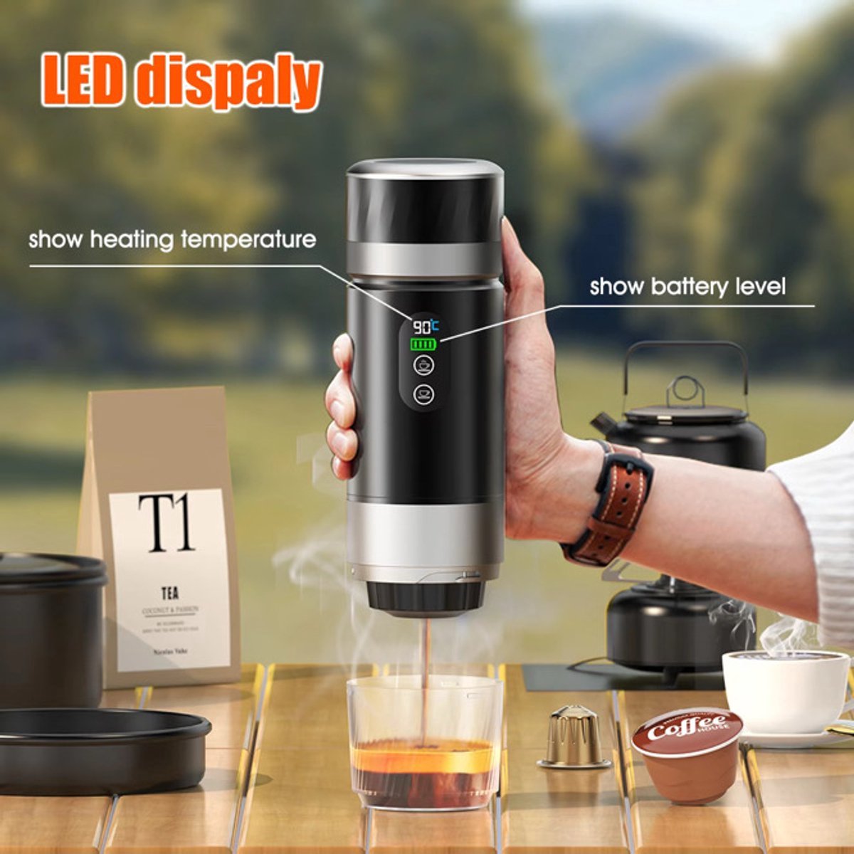 Lordani Draagbaar Koffieapparaat voor Onderweg | Inclusief Tas | Digitale Display | 60ml | 12 Volt | Espresso | Nespresso | Dolce Gusto | Capsule Koffie | Gemalen Koffie | Cups | Oplaadbaar | Draagbare Koffiemachine | Zwart&Zilver — afbeelding 6