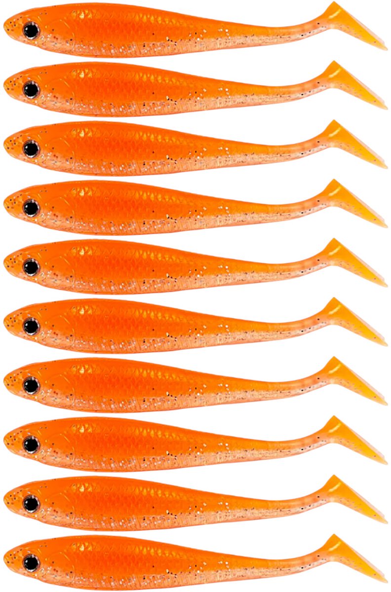 S&D | Shad Set 10 Stuks – 9cm / 5.5g – Oranje – Realistisch Kunstaas met Glitters & Schubbenpatroon – Voor Snoek, Baars & Roofvis