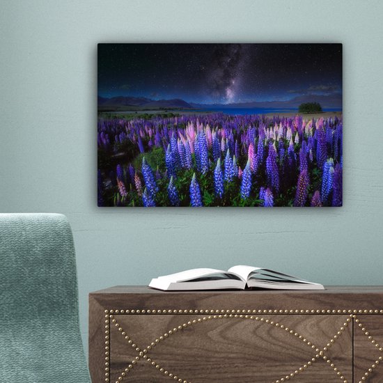 Champ de fleurs avec des lupins violets et bleus la nuit au lac Tekapo en Nouvelle-Zélande 30x20 cm - petit - Tirage photo sur toile (Décoration murale salon / chambre) / Peintures Fleurs sur toile
