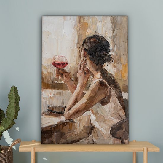Tableau Peinture sur Toile - Femme - Vin - Peinture à l'Huile - 40x60 cm - Décoration murale
