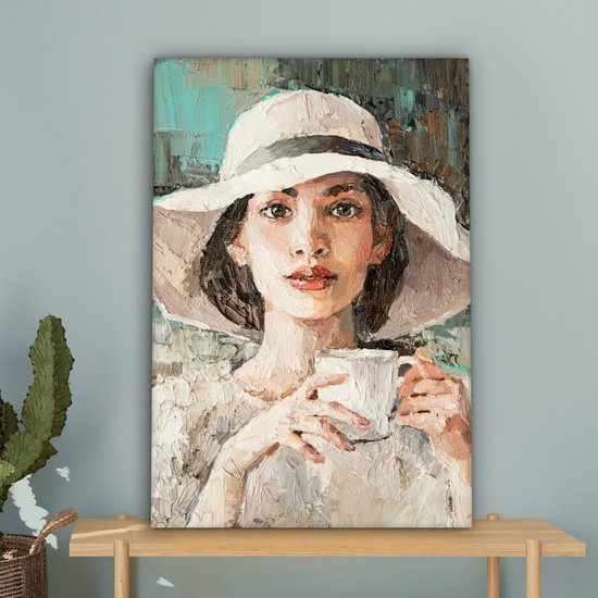Tableau Tableau - Femme - Peinture à l'Huile - Chapeau - Café - 60x90 cm - Décoration murale