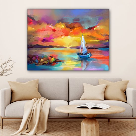 Toile - Huile - Peinture - Bateau - Nuages ​​- Couleurs - 120x90 cm - Intérieur - Peintures sur toile
