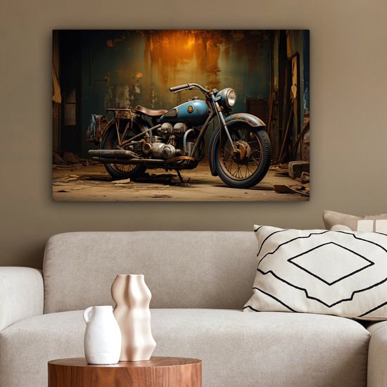 Peinture sur toile 60x40 cm - Décoration murale Vintage - Moteur - Blauw - Ancien - Garage - Décoration murale murale salon - Décoration chambre - Accessoires de chambre - Peintures