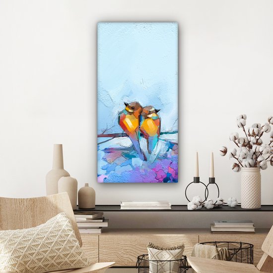 Toile - Peinture à l'huile - Vogels - Branche - Blauw - 40x80 cm - Décoration d'intérieur - Peintures sur toile