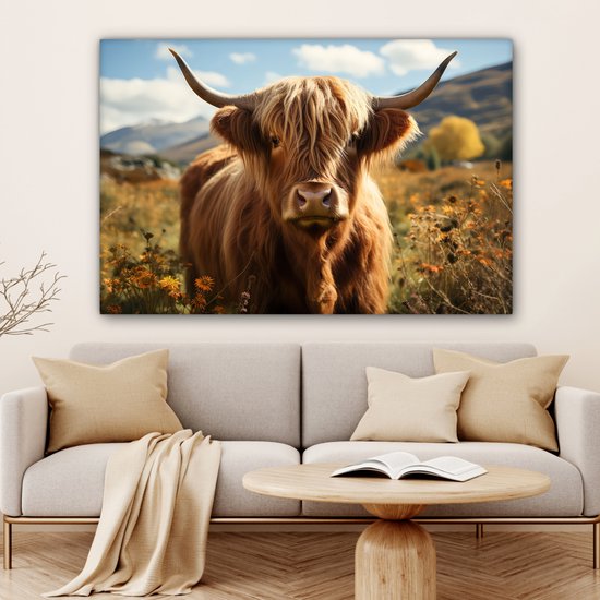 Canvas Schilderij 120x80 cm - Schotse hooglander - Dieren portret - Natuur - Dier - Wanddecoratie woonkamer - Kamer decoratie - Slaapkamer accessoires - Wanddoek binnen - Schilderijen