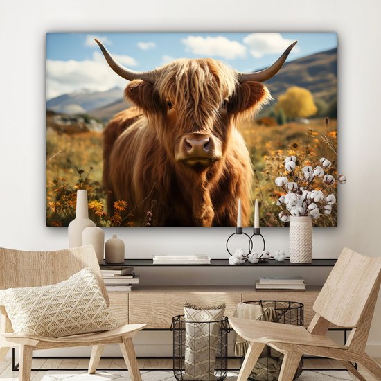 Canvas Schilderij 120x80 cm - Schotse hooglander - Dieren portret - Natuur - Dier - Wanddecoratie woonkamer - Kamer decoratie - Slaapkamer accessoires - Wanddoek binnen - Schilderijen