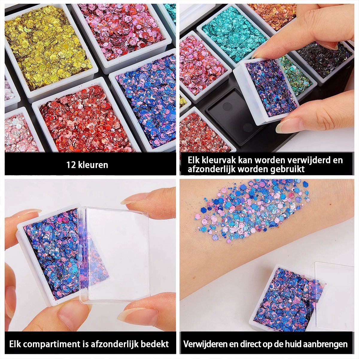 Suntac 12 Kleuren Glitter Set – Chunky Festival Glitters voor Gezicht & Lichaam – Schmink-Glittergel Palet met Goud, Zilver, Groen, Roze, Rood – Voor Schmink, Kinderen & Feest- — afbeelding 6
