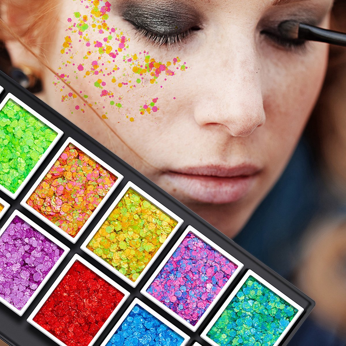 Suntac 12 Kleuren Glitter Set – Chunky Festival Glitters voor Gezicht & Lichaam – Schmink-Glittergel Palet met Goud, Zilver, Groen, Roze, Rood – Voor Schmink, Kinderen & Feest- — afbeelding 5