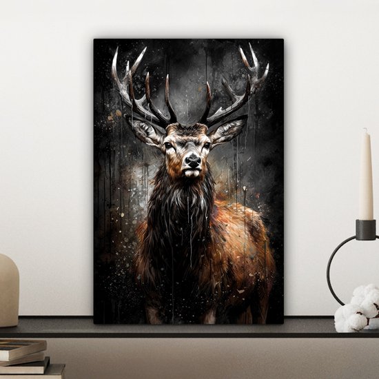 Tableau toile 20x30 cm - Cerf noir - Accessoires décoration chambre - Peintures salon tête de cerf - Décoration murale tête d'animal chambre - Décoration murale cuisine - Toile murale intérieur - Décoration maison