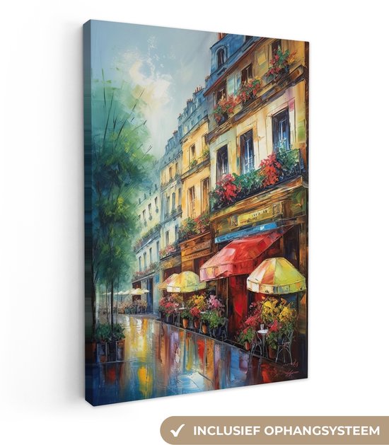 Canvas schilderij 80x120 cm - Wanddecoratie Straat - Olieverf - Kleurrijk - Stad - Muurdecoratie woonkamer - Slaapkamer decoratie - Kamer accessoires - Schilderijen op canvas